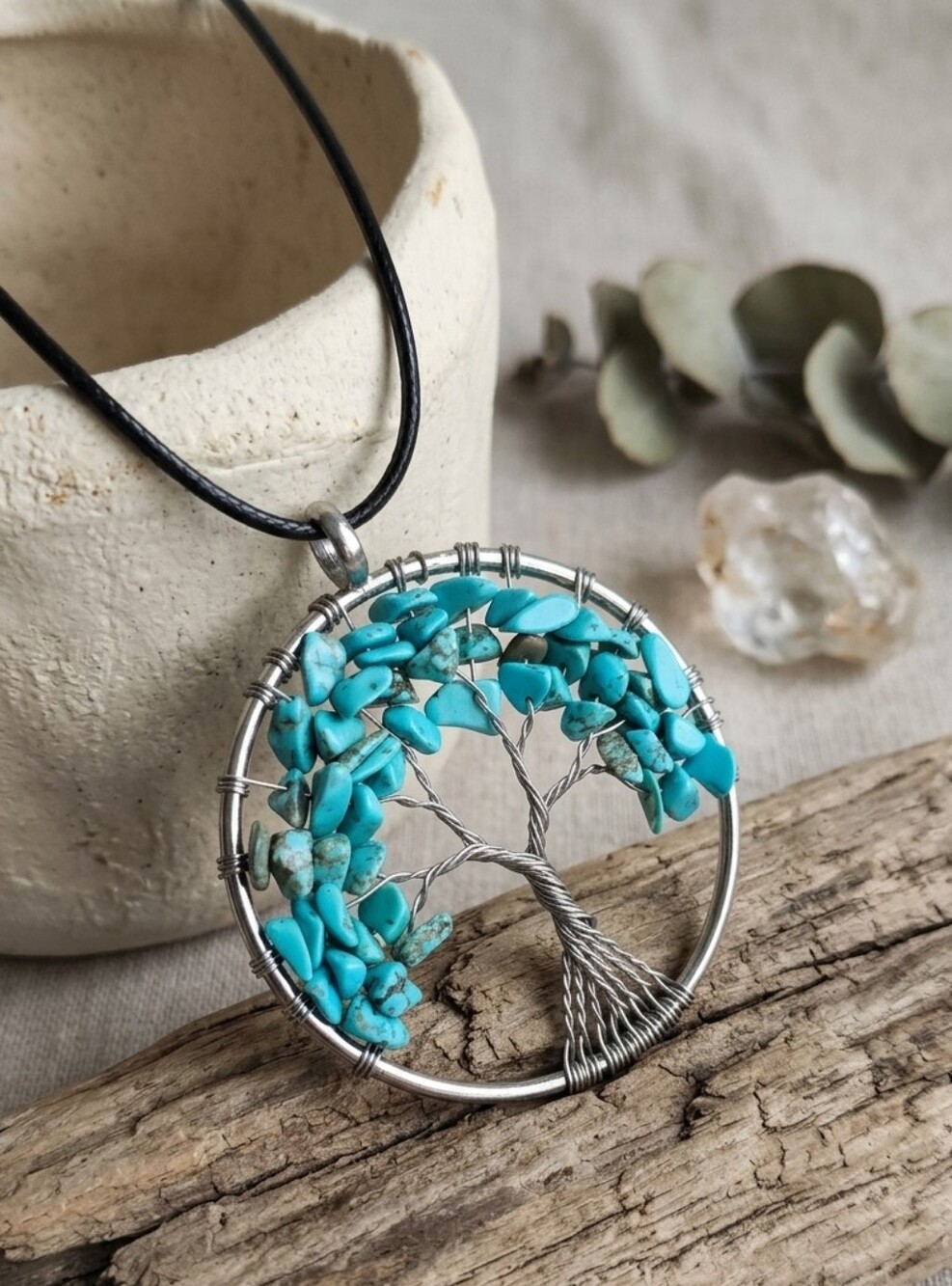 Genuine Turquoise Tree of Life Pendant Necklace Wire Wrapped Southwestern Boho